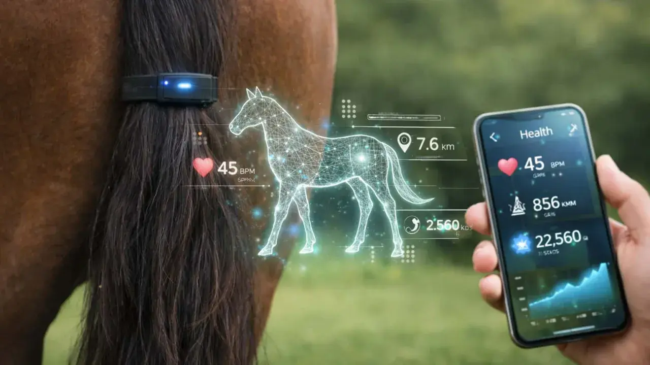 Pferd mit einem Horse Tracker am Schweif. Daten wie Herzfrequenz und Distanz werden auf einem Smartphone angezeigt.