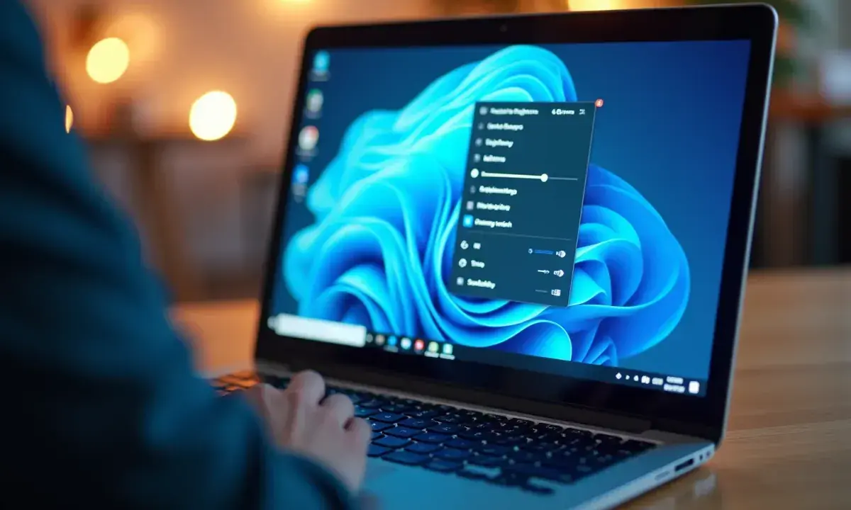 Laptop z jasnym ekranem i otwartym menu ustawień jasności.