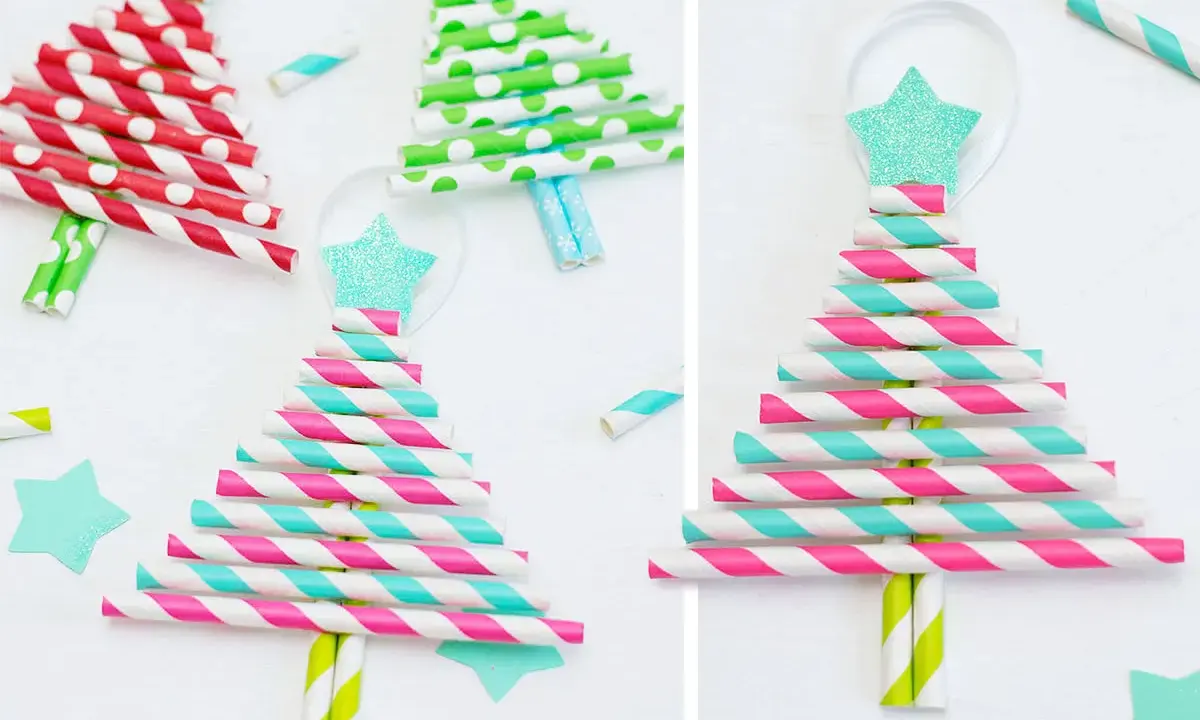 Alberi di Natale colorati realizzati con cannucce di carta, perfetti per lavoretti di Natale con piatti di plastica. Decorazioni fai-da-te scintillanti.