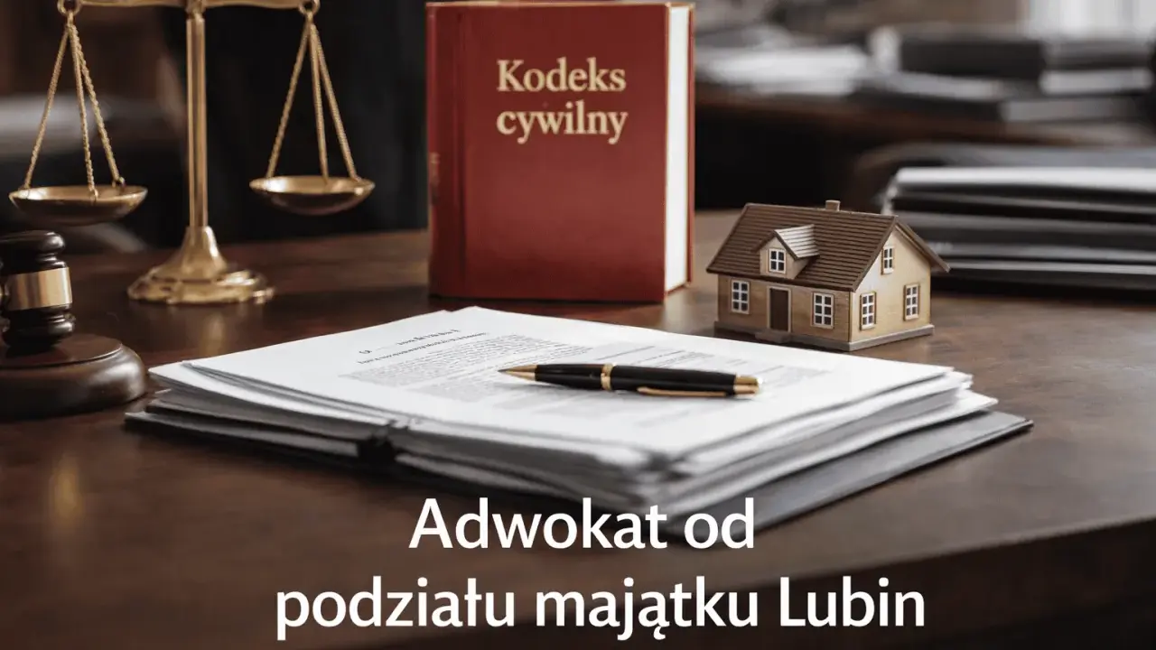 Waga sprawiedliwości, Kodeks cywilny i dokumenty na biurku. Prawnik od podziału majątku Lubin pomoże ustalić, o co pyta sąd przy podziale majątku.