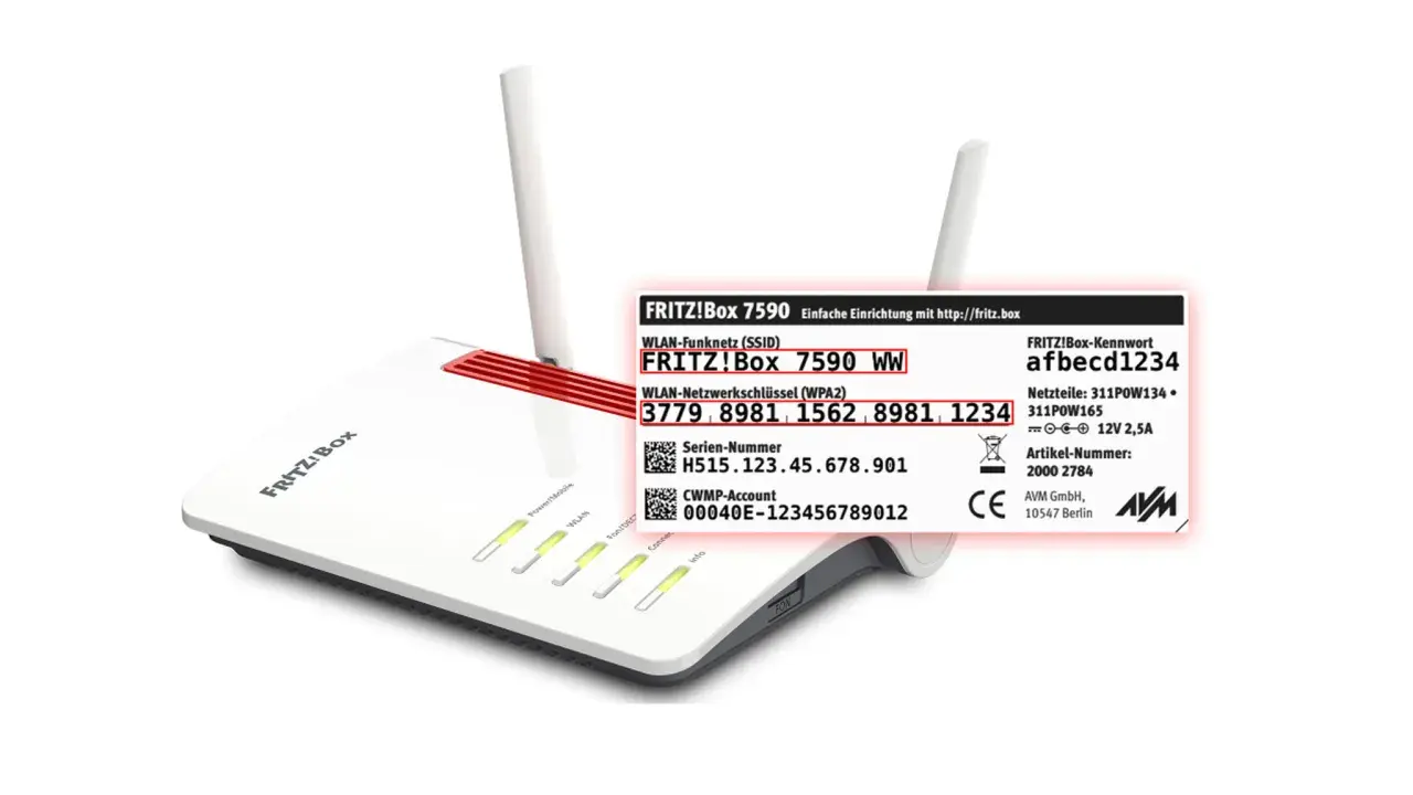 FRITZ!Box 7590 mit WLAN-Schlüssel 3779 8981 1562 8981 1234 für die Einrichtung von wpa/wep.