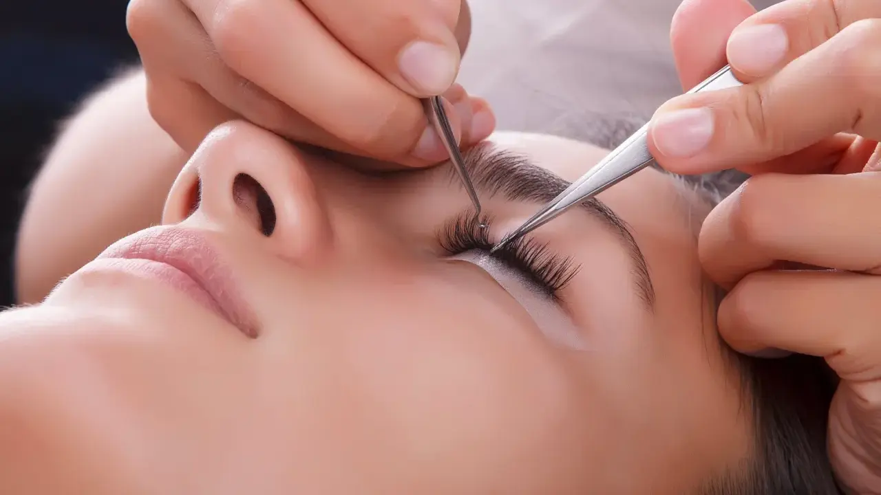 Pose de cils pour un rehaussement cil et teinture. Une esthéticienne applique des extensions avec précision.