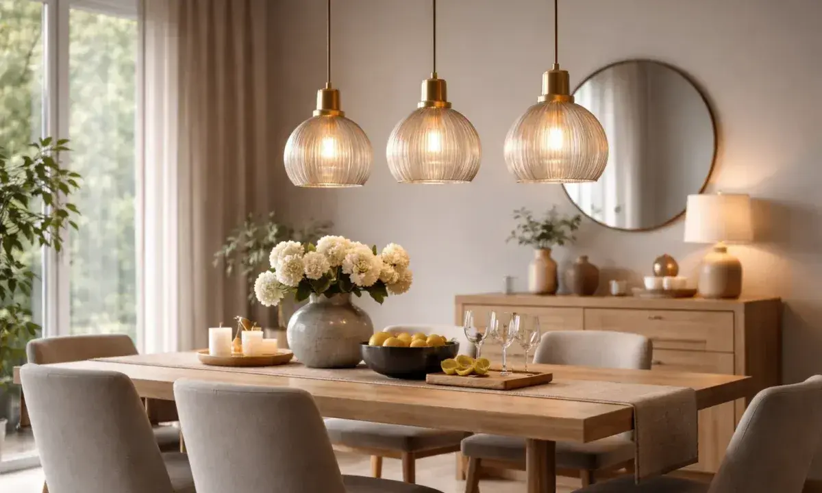 Elegancka lampa listwa wisząca nad drewnianym stołem, przy którym stoją szare krzesła. W tle komoda z dekoracjami i lustro.