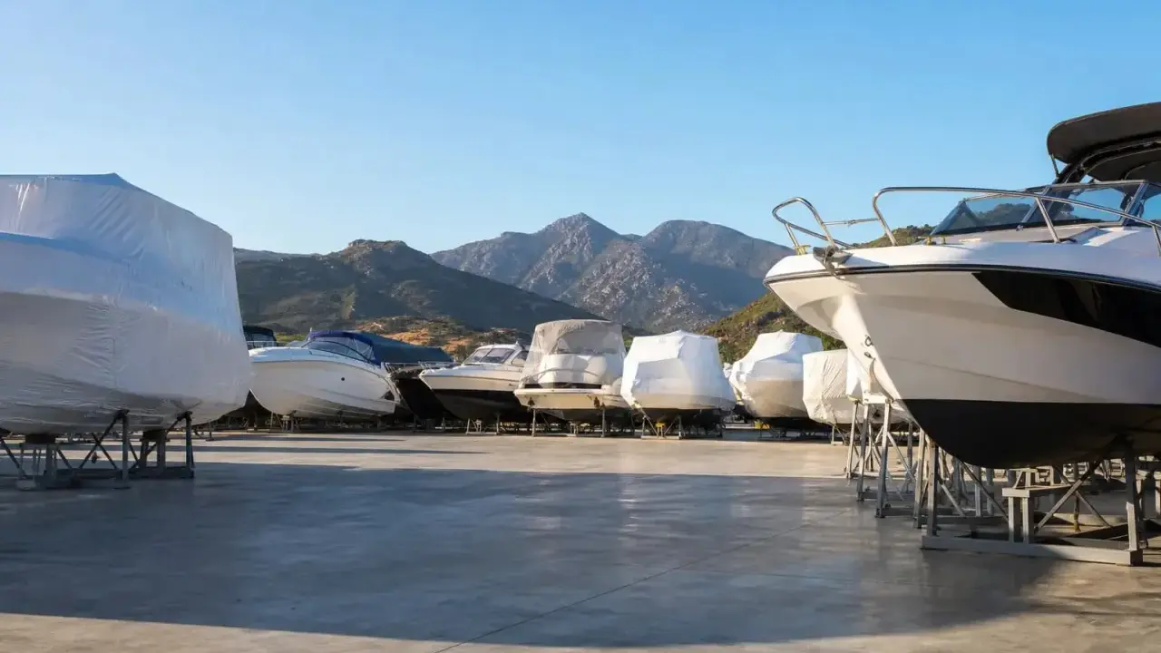Flotte de bateaux en attente de leur hivernage, protégés sous des bâches, avec des montagnes en arrière-plan.