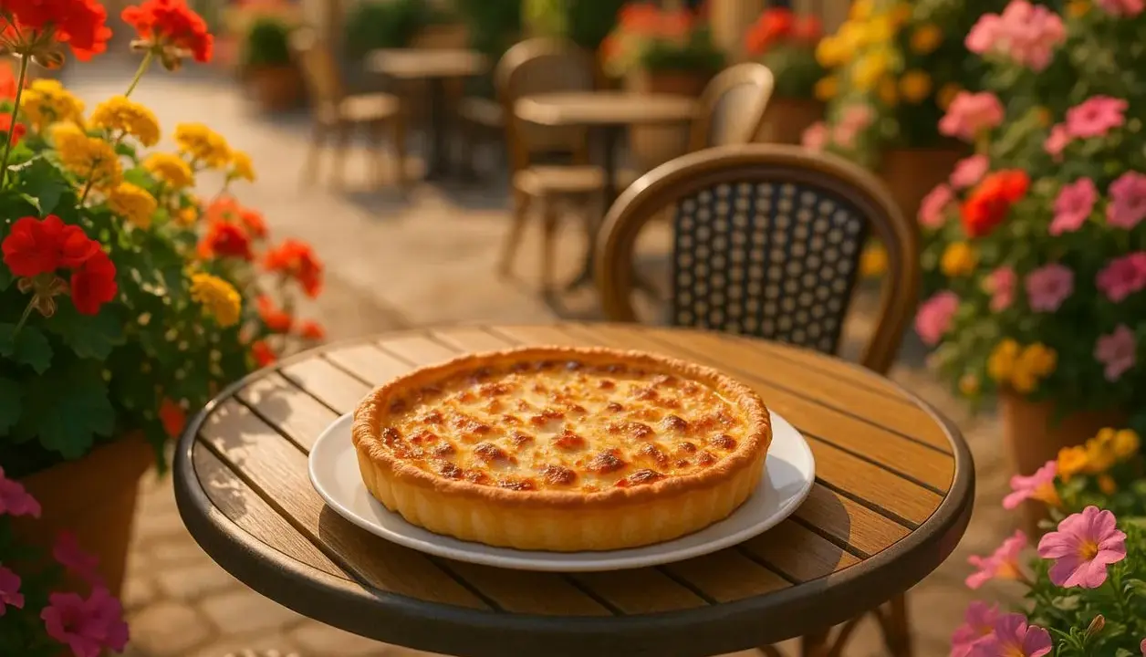 Une quiche lorraine dorée, spécialité de Metz, sur une table de terrasse fleurie.
