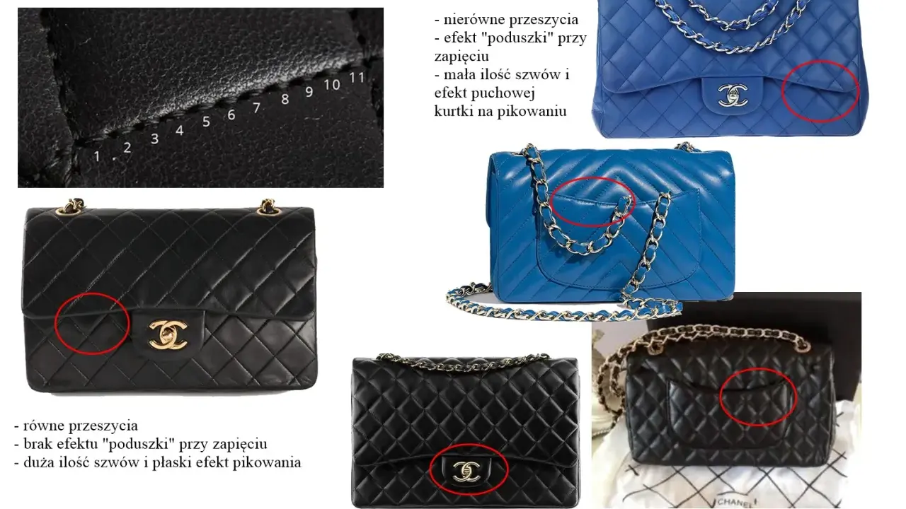 Oryginalna metka Karl Lagerfeld na torebce Chanel. Porównanie detali oryginału i repliki.