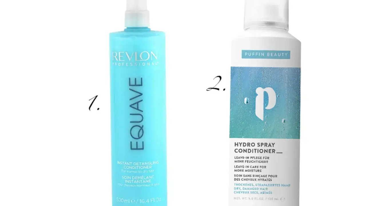 Zwei Haarpflegeprodukte: Revlon Equave Instant Detangling Conditioner und Puffin Beauty Hydro Spray Conditioner, ein 2-Phasen-Spray.