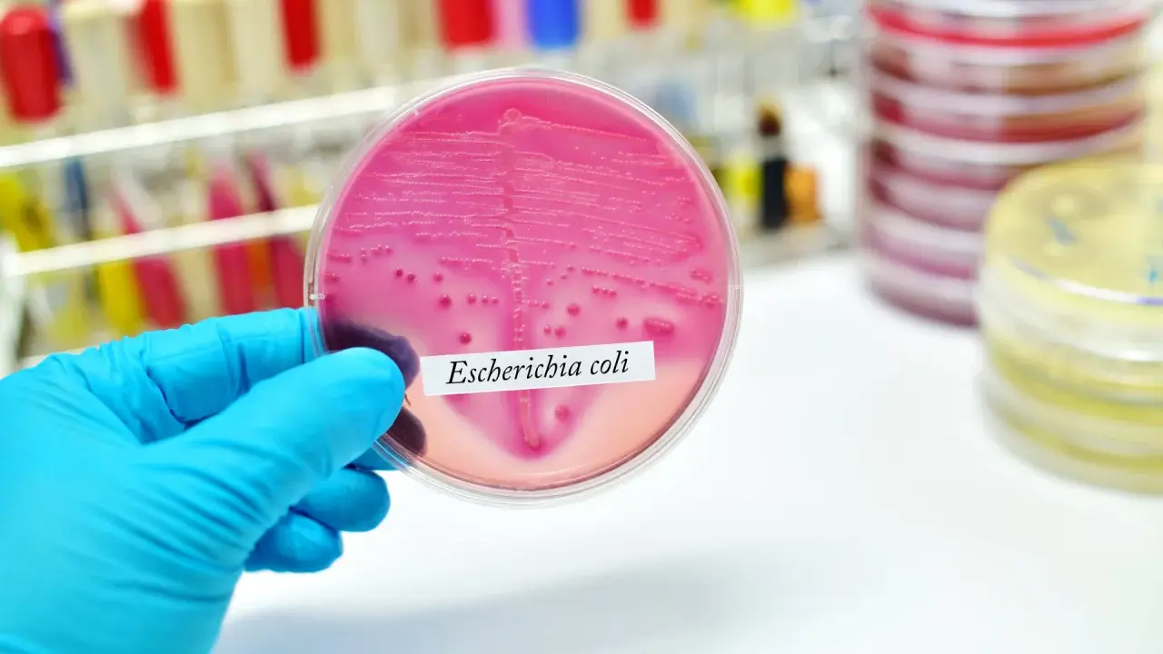 Różowa pożywka z koloniami bakterii Escherichia coli. Badanie pomaga wykryć bakteria coli objawy.