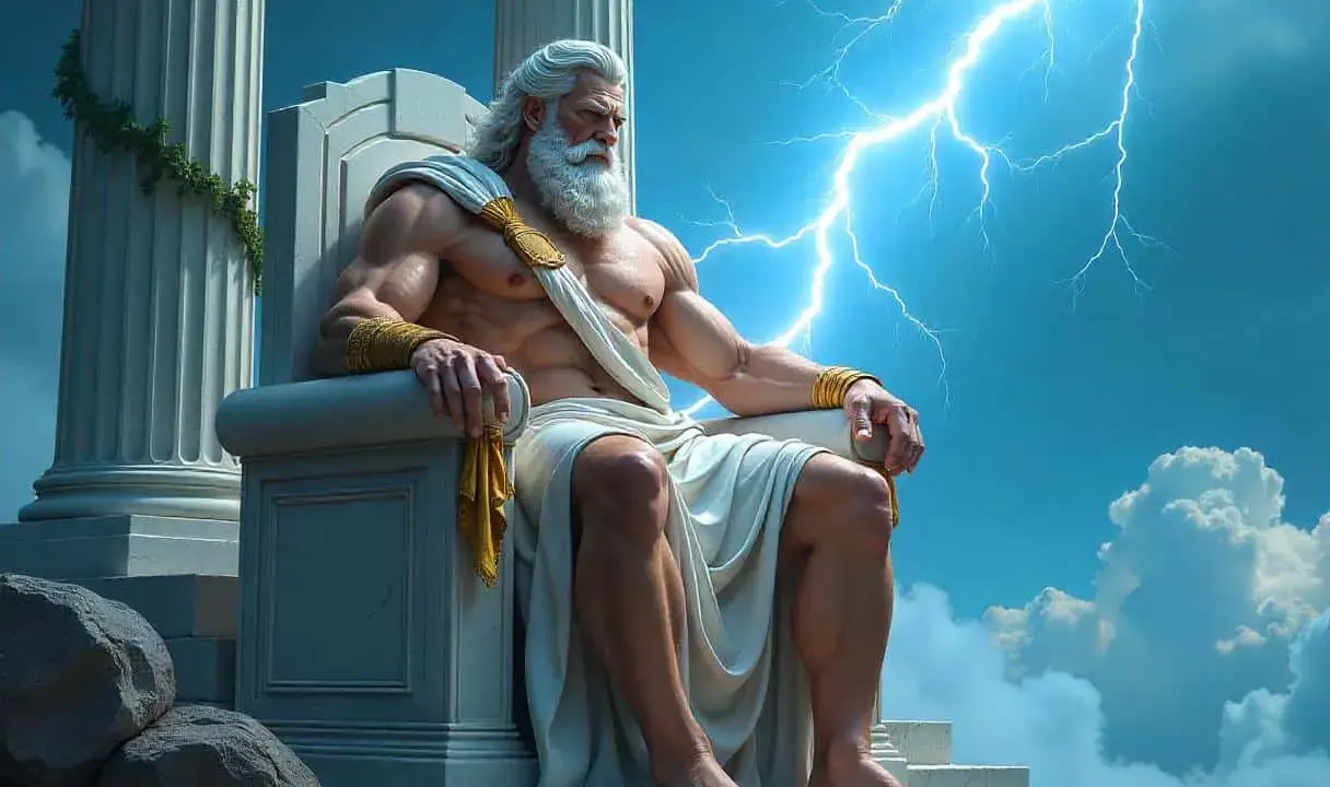 Zeus, König der Götter, thront mit mächtigem Bart und Blitz im Himmel. Ein Bild aus der Zeus Mythologie.