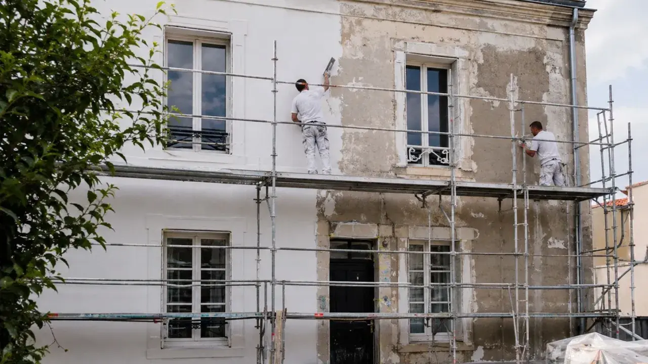 Deux ouvriers sur des échafaudages sont en train de refaire sa façade, appliquant une nouvelle couche de peinture blanche sur un mur décrépi.