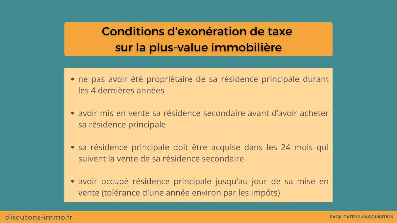 Conditions d'exonération de taxe sur la plus-value immobilière : ne pas avoir été propriétaire de sa résidence principale durant les 4 dernières années.