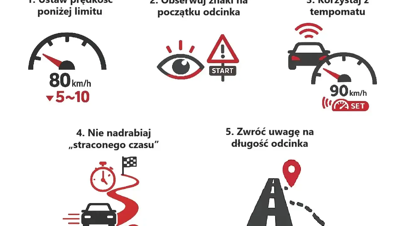 Instrukcja jak jechać zgodnie z odcinkowym pomiarem prędkości na A2: ustaw prędkość poniżej limitu, obserwuj znaki, korzystaj z tempomatu, nie nadrabiaj czasu, zwróć uwagę na długość odcinka.