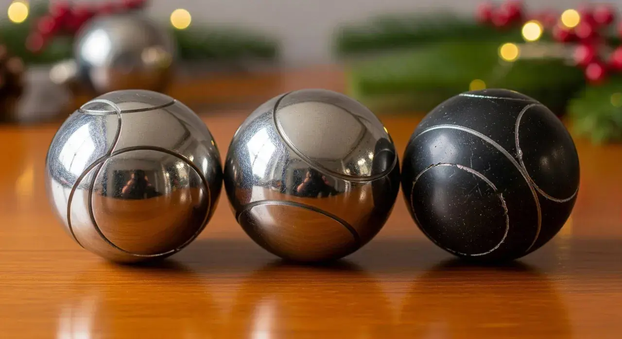 Trois boules de pétanque, deux argentées et une noire, sur une table en bois. Parfait pour un règlement pétanque simplifié.