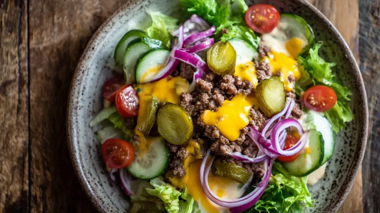 Leckerer Cheeseburger Salat mit Hackfleisch, Käse, Gurken, Tomaten und Zwiebeln auf knackigem Salatbett.