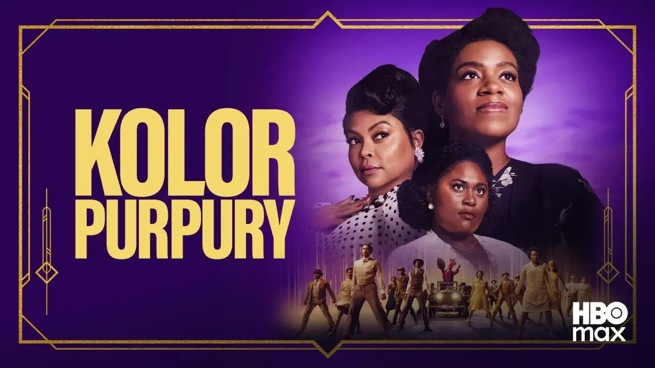 Plakat filmu "Kolor purpury" z trzema kobietami i grupą tańczących ludzi.