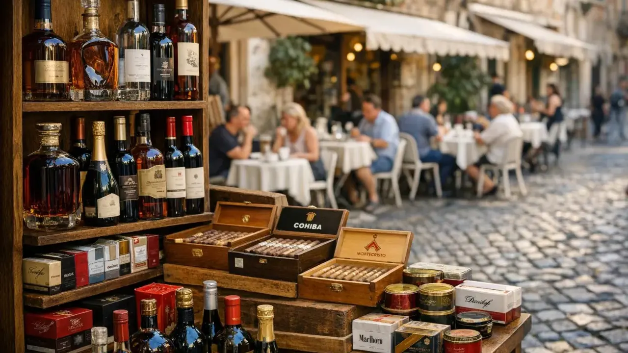 Butelki alkoholu i cygara na straganie na tle kawiarni z ludźmi przy stolikach.