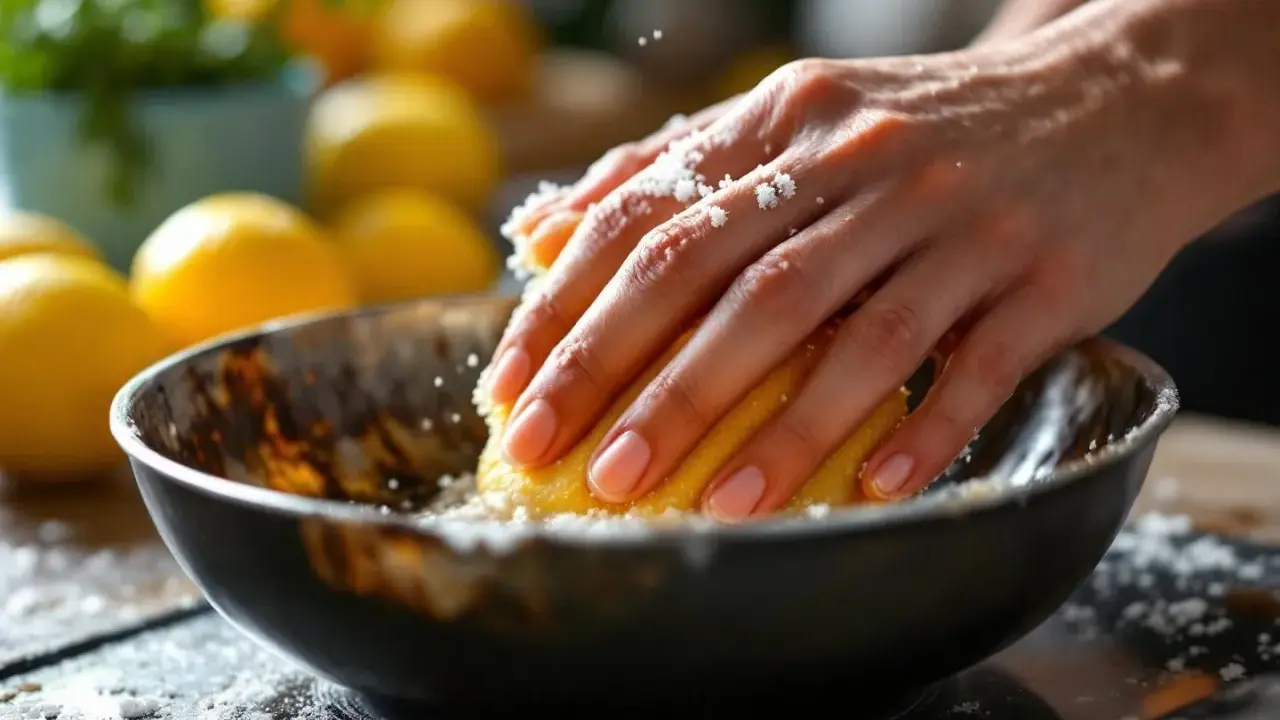 Mains frottant un citron sur un bol en cuivre pour désoxyder le cuivre. Des grains blancs tombent.