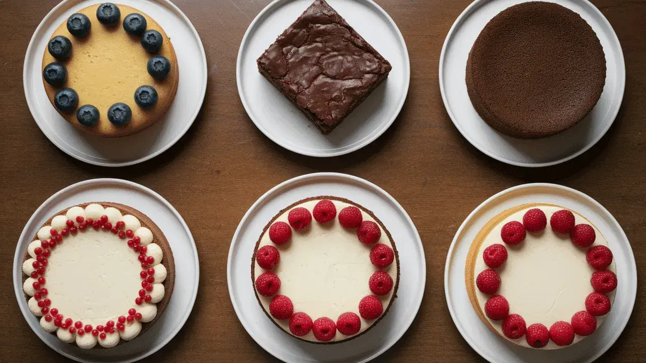 Six desserts variés : un gâteau aux myrtilles, un brownie, un gâteau au chocolat, deux cheesecakes aux framboises et un autre aux groseilles. Parfait pour faire un gâteau 2 jours à l'avance !