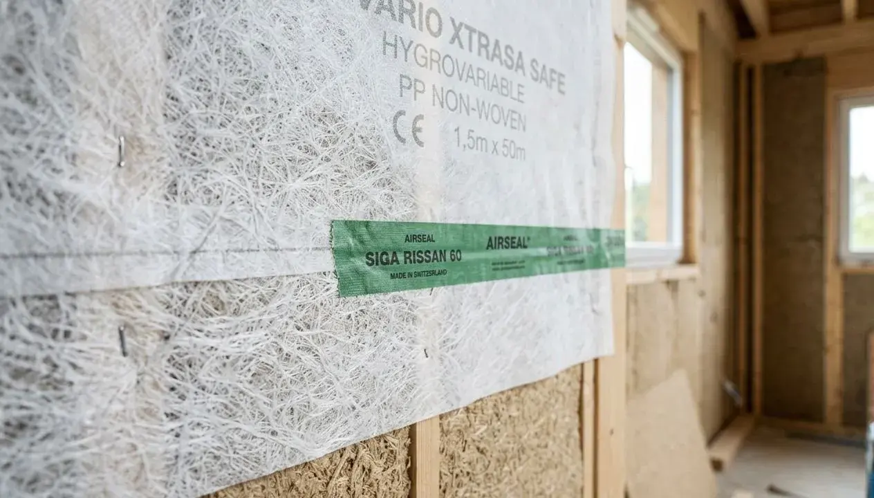 Gros plan sur une membrane hygrovariable Vario Xtrasa Safe, fixée sur une structure en bois. Un ruban vert Airseal Siga Rissan 60 est appliqué.