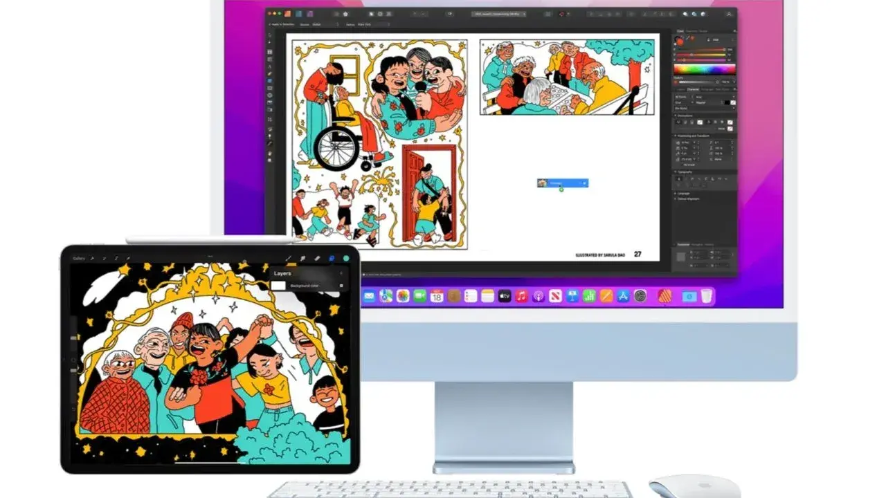 Komputer i tablet z ilustracjami, tworzące idealny zestaw do pracy twórczej. Ten **universal control** pozwala na płynne przenoszenie projektów między urządzeniami.