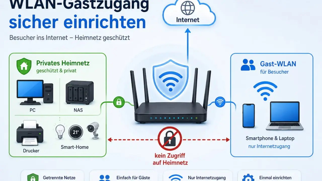 So lässt sich der WLAN-Gastzugang sicher einrichten: Gäste surfen im Internet, Ihr Heimnetz bleibt geschützt.