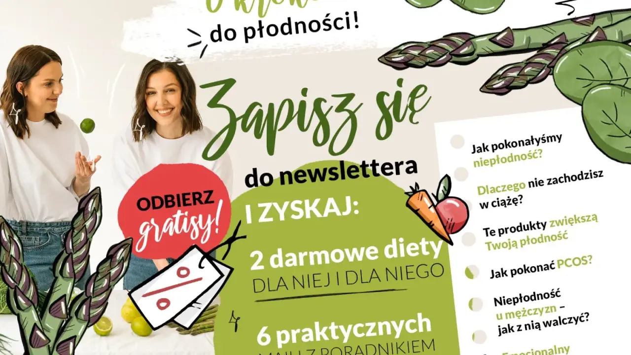 Plakat "6 kroków do płodności" zaprasza do zapisu na newsletter Akademii Płodności. Odbierz gratisy: 2 diety i 6 maili z poradnikiem.