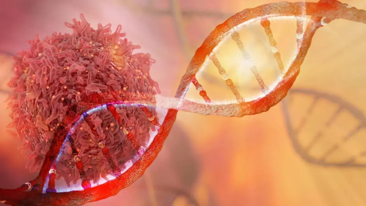 Cellula tumorale e DNA, simboli della lotta contro il cancro con l'immunoterapia oncologica.