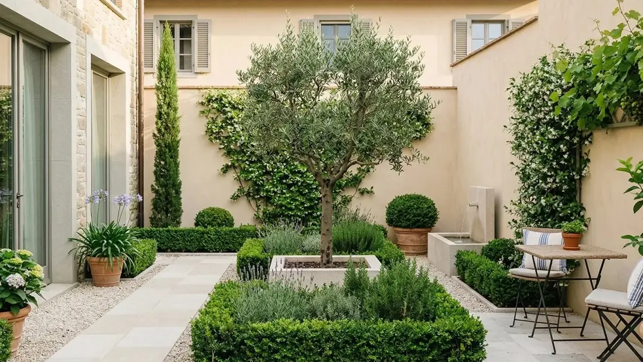 Giardino piccolo moderno con ulivo centrale, siepi squadrate, fontana e tavolino. Idee per un angolo verde raffinato.