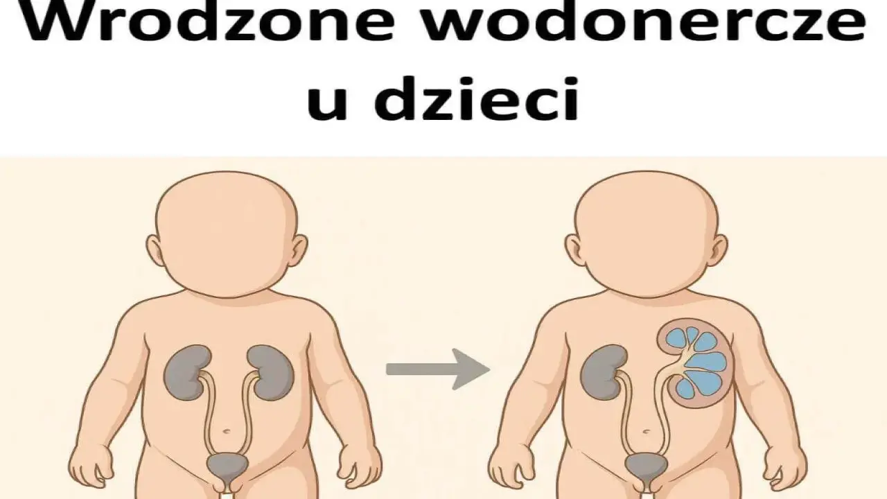 Ilustracja pokazuje rozwój zastoju nerki 2 stopnia u dziecka. Zdrowa nerka po lewej, po prawej powiększona, z widocznym zastojem.