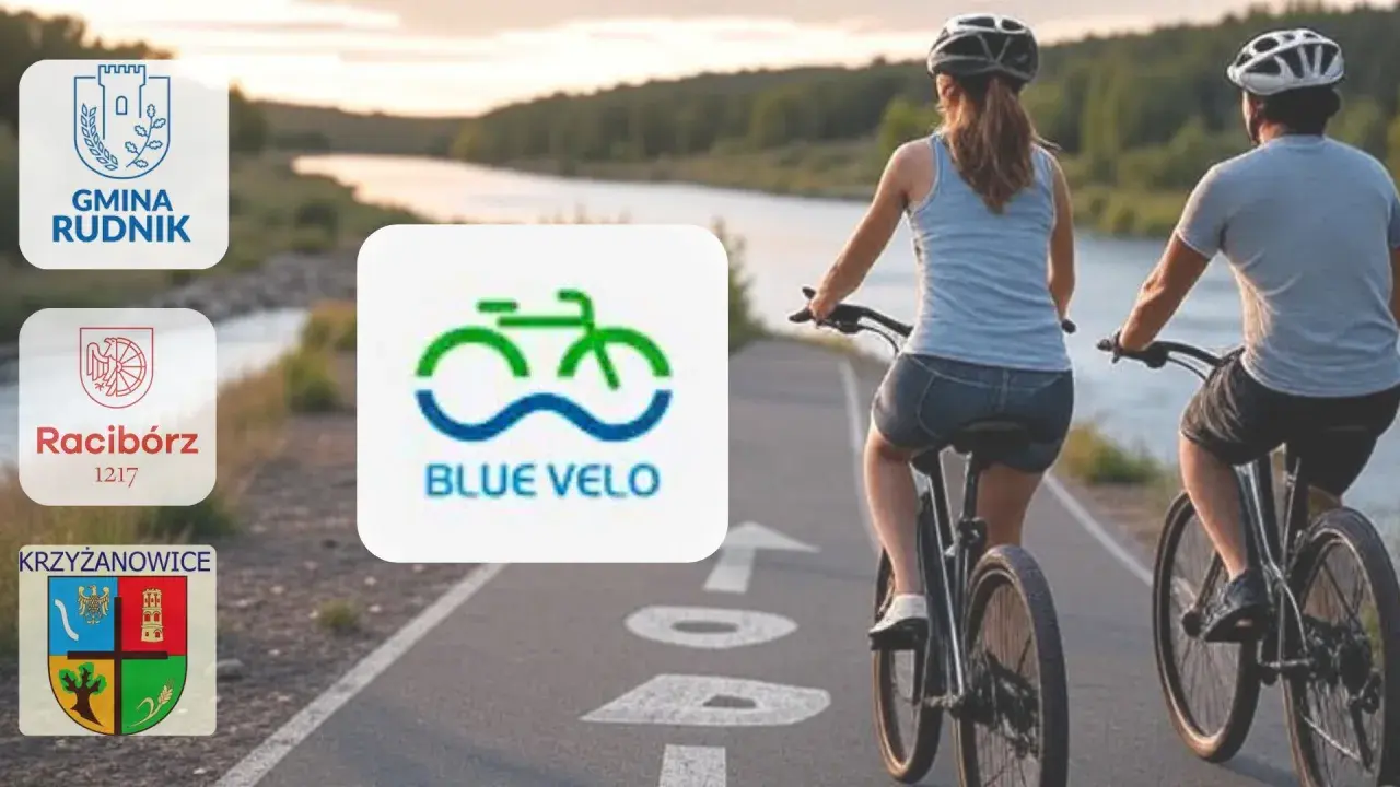 Para rowerzystów na ścieżce nad rzeką, obok logo "BLUE VELO".