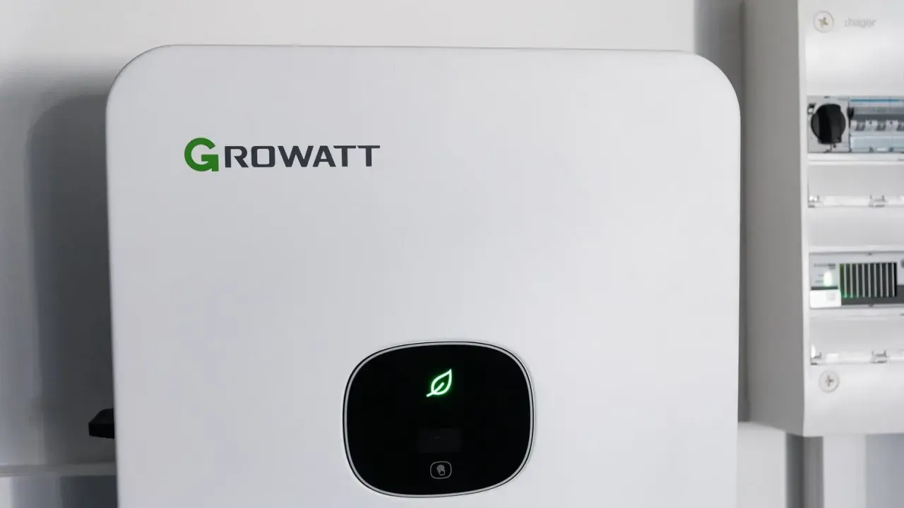 Vit Growatt-enhet med grön löv-symbol, del av ett modernt batterisystem för energilagring.