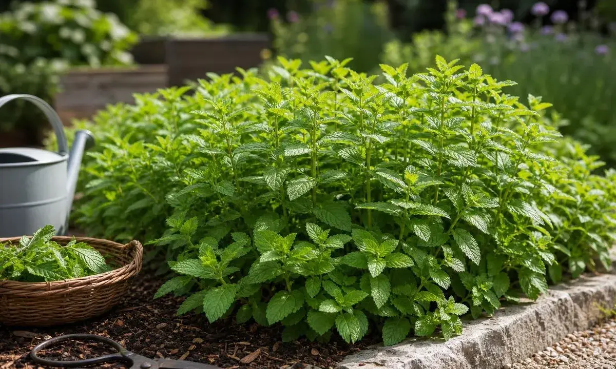 Un beau plant de menthe prospère dans un jardin, prêt à être cueilli pour des infusions rafraîchissantes. Une brouette et des ciseaux sont à proximité.