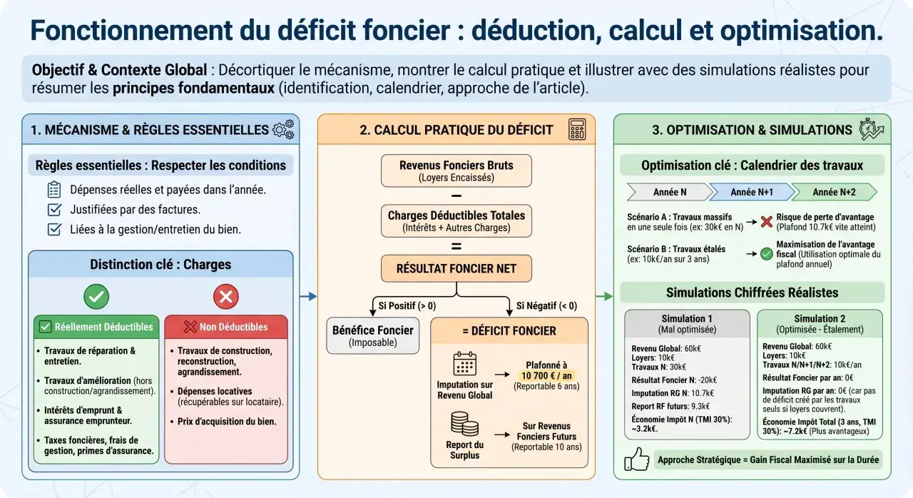 Schéma expliquant le calcul du déficit foncier, les charges déductibles et l'optimisation fiscale des travaux immobiliers.