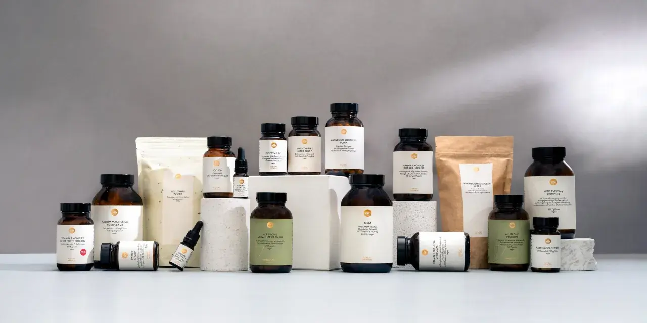 Vielfalt an Nahrungsergänzungsmitteln, darunter Vitamin C. Wann Vitamin C einnehmen? Am besten morgens oder zu den Mahlzeiten für optimale Aufnahme.