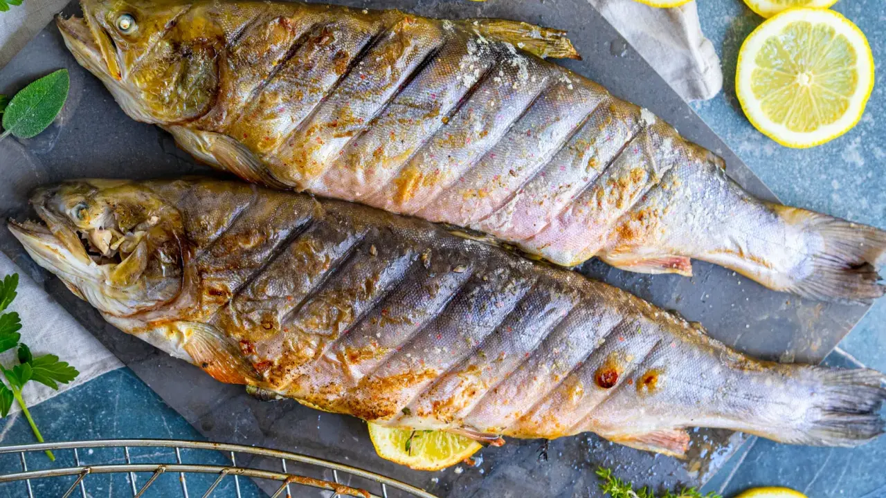Zwei gegrillte Saiblinge liegen auf einem Steinplatte, garniert mit Zitronenscheiben und Kräutern. Perfekt für den Grill – wie lange dauert das?