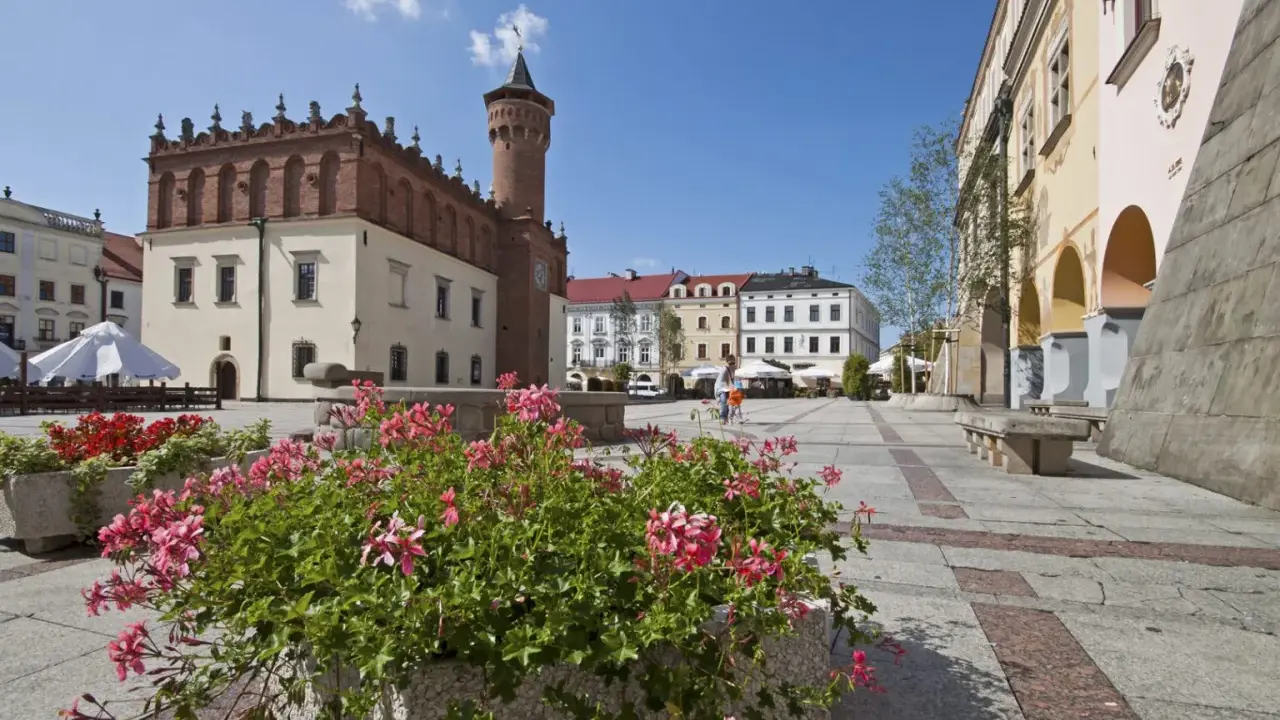 Tarnów co zwiedzić? Rynek z ratuszem i kwitnące pelargonie. Idealne miejsce na spacer i odkrywanie uroków miasta.