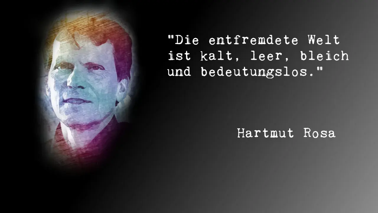 Porträt von Hartmut Rosa mit Zitat: "Die entfremdete Welt ist kalt, leer, bleich und bedeutungslos.