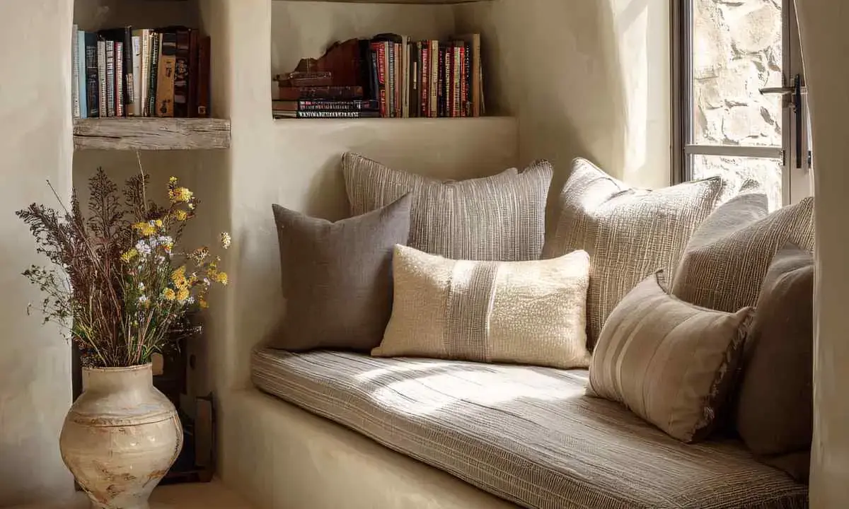 Un rincón de lectura acogedor con libros en estantes rústicos, cojines mullidos y un jarrón con flores silvestres.
