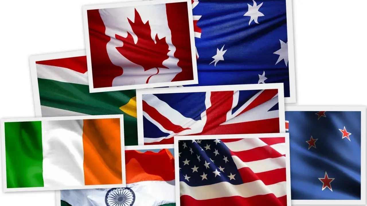 Flagi Kanady, USA, Wielkiej Brytanii, Australii, Irlandii, Indii, Nowej Zelandii i RPA. Zastanawiasz się, w ilu krajach mówi się po angielsku?