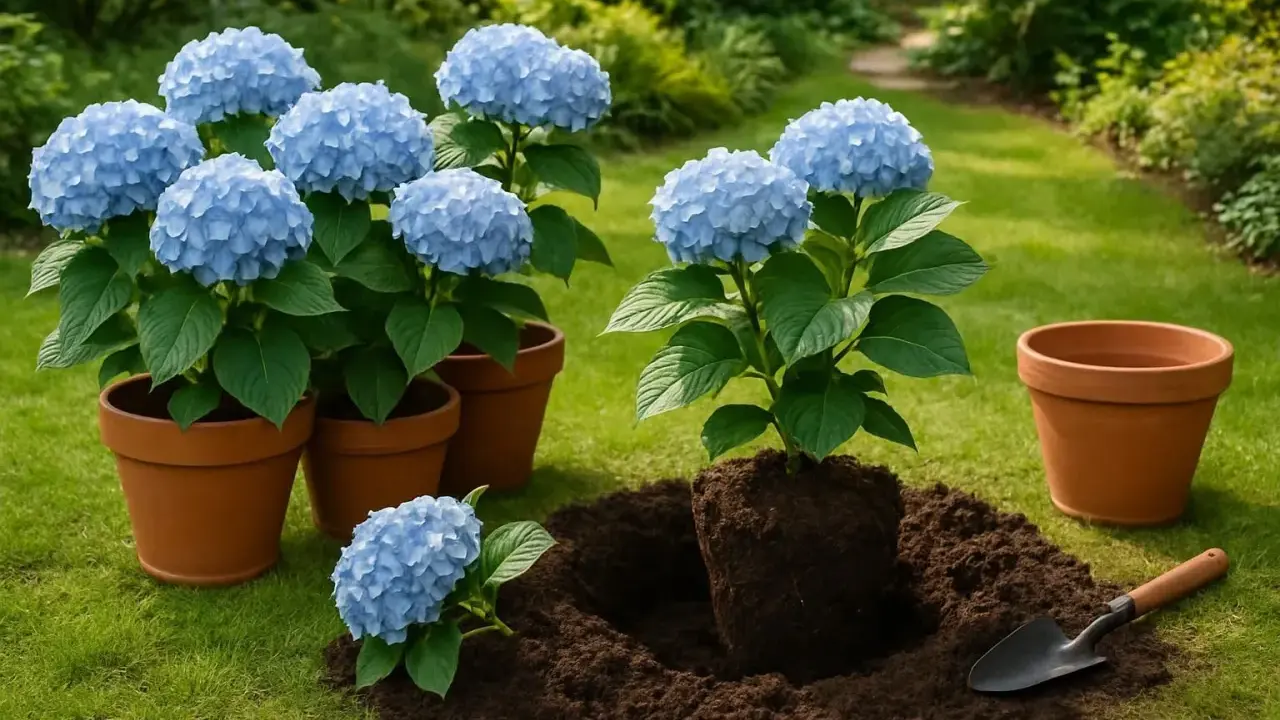 Plantation d'hortensias bleus en pot. L'entretien de ces magnifiques fleurs commence par un bon rempotage.