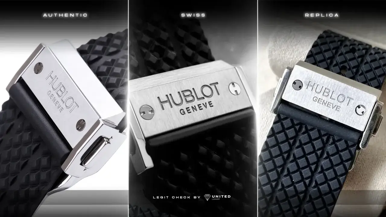 Vergleich von drei Hublot-Schließen: authentisch, Swiss und Replica. So erkennen Sie einen Hublot Fake.