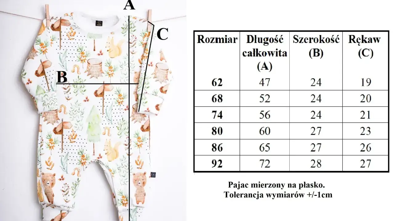 Tabela rozmiarów pajaca z motywem zwierzątek. Sprawdź, jaki rozmiar dla noworodka będzie najlepszy, porównując wymiary A, B, C.