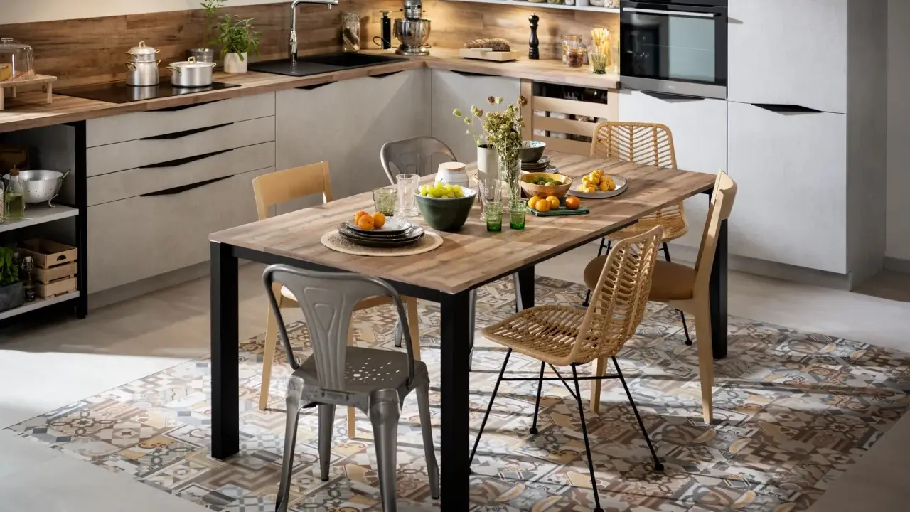 Tendance salle à manger avec chaises dépareillées : un mélange de style industriel et bohème autour d'une table en bois.