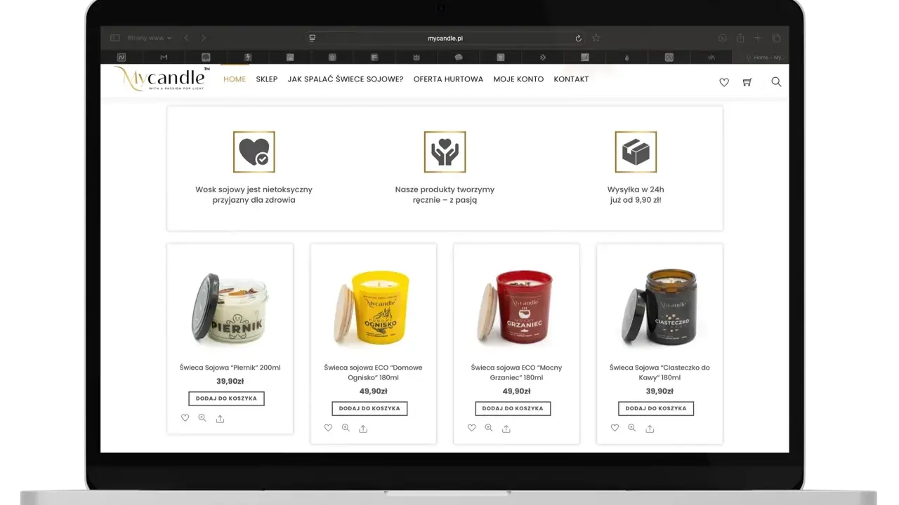Strona sklepu internetowego z ręcznie robionymi świecami sojowymi. Idealne tło do ulotki promującej naturalne produkty.