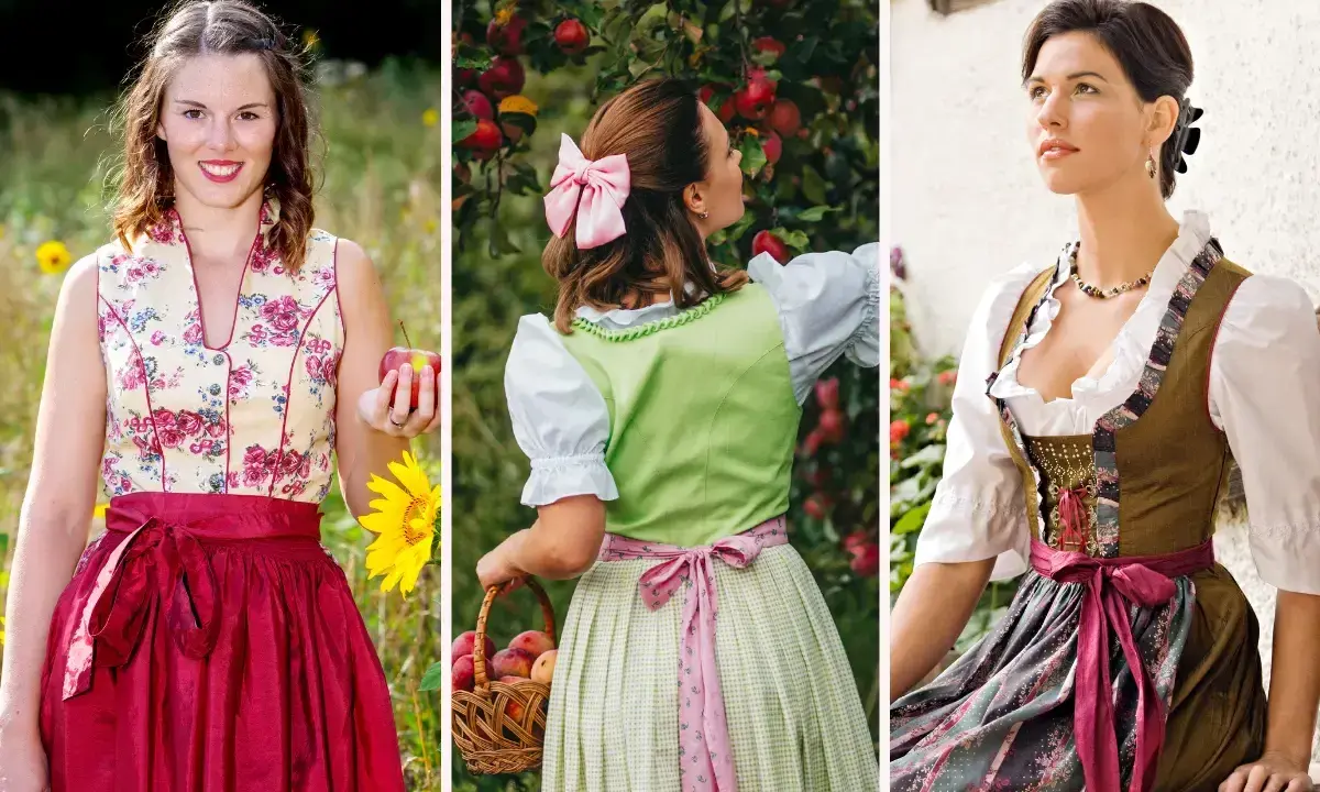 Drei Frauen in Tracht mit verschiedenen Dirndl-Looks. Eine mit einfacher Wiesn Frisur, eine beim Apfelpflücken und eine mit Schmuck.