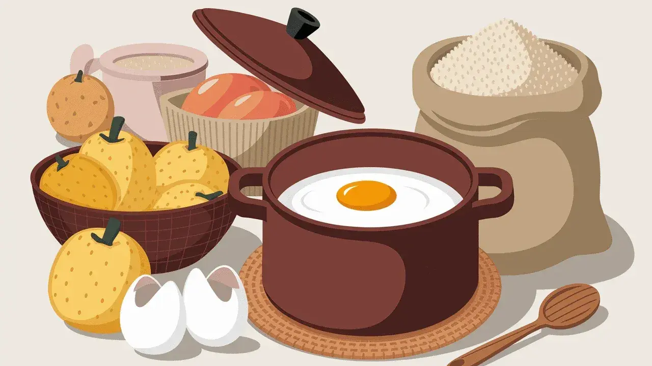 Ingrédients pour une spécialité auvergnate : poires, œufs, farine et une omelette en préparation.