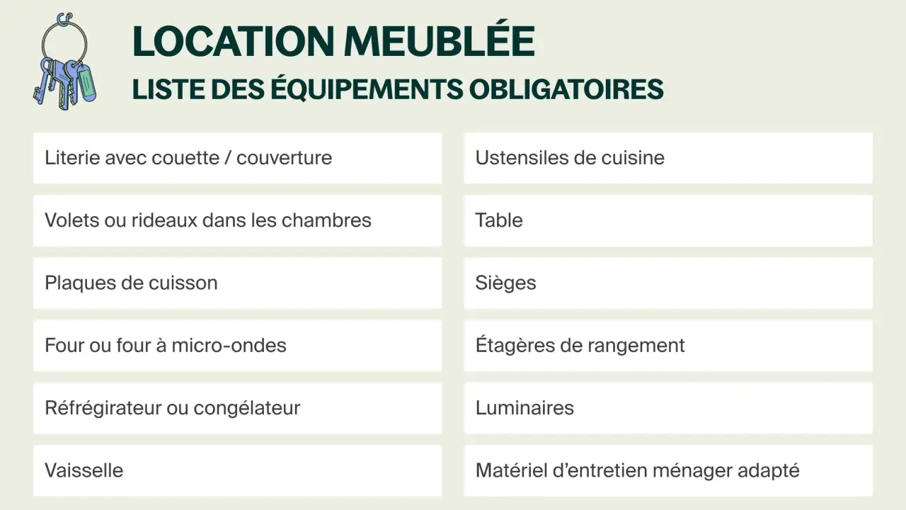 Liste des équipements obligatoires pour une location meublée : vaisselle, literie, cuisine, etc.