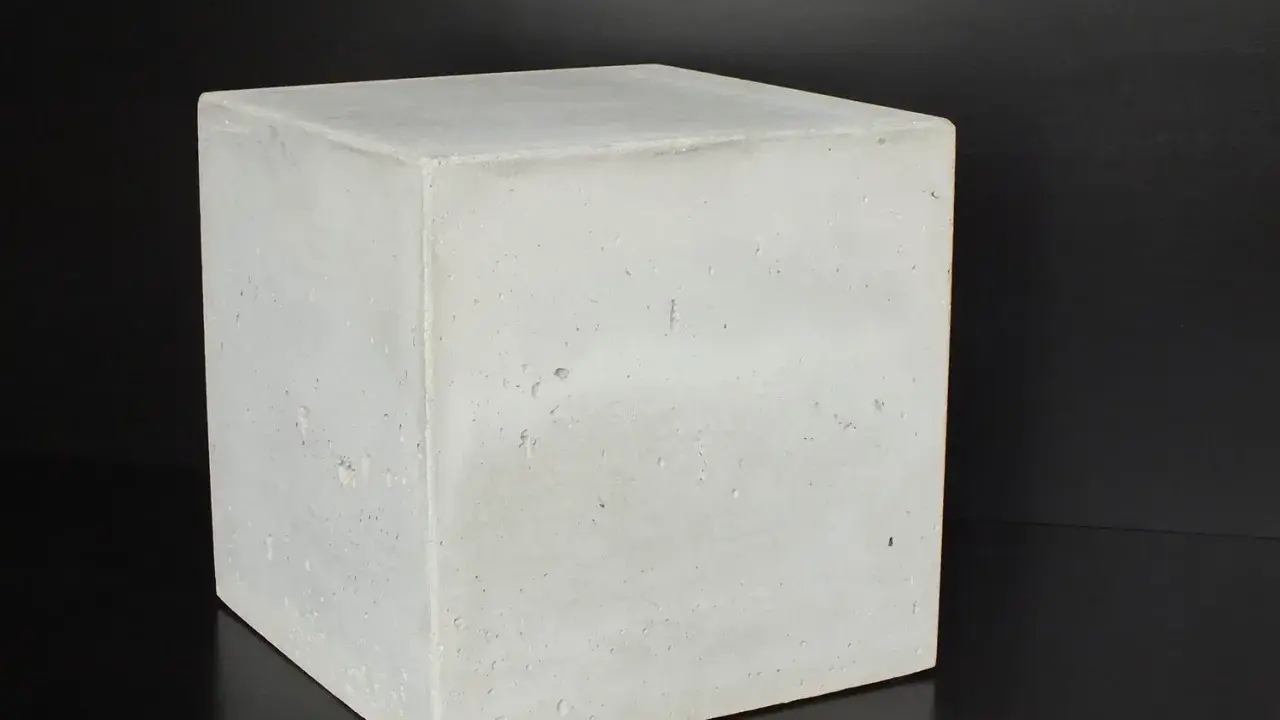Ein Würfel aus hellem Beton C30/37 steht auf schwarzem Untergrund.