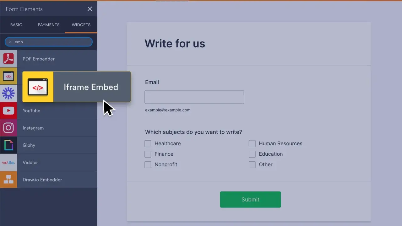 Wybieranie elementu Iframe Embed do dodania kodu html embed.