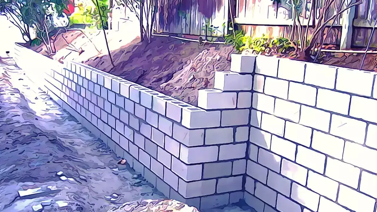 Un muro de contención de bloques de hormigón se está construyendo en un jardín, con tierra y vegetación detrás.